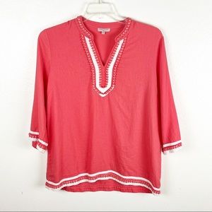 SAINT TROPEZ WEST Coral Linen Blend Embroidered Tunic Top, Size XL